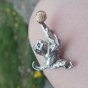 FG Sterling 925 silver handmade cat kitty play pin brooch  14K Gold 925 585 FG